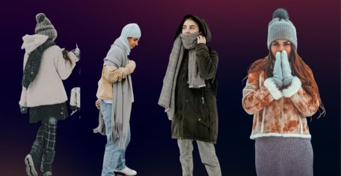 A group of four women dressed in warm winter clothing, each wearing layered outfits with coats, scarves, hats, and gloves, standing against a dark gradient background.Monochrome winter outfits