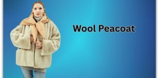 The Wool Peacoat Comeback: Classic Design Meets Modern Style The Wool Peacoat Comeback:Woman wearing a beige wool peacoat with a scarf, standing against a blue gradient background.