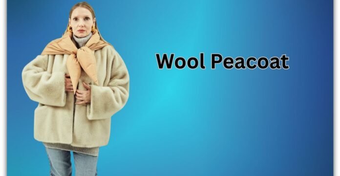The Wool Peacoat Comeback:Woman wearing a beige wool peacoat with a scarf, standing against a blue gradient background.