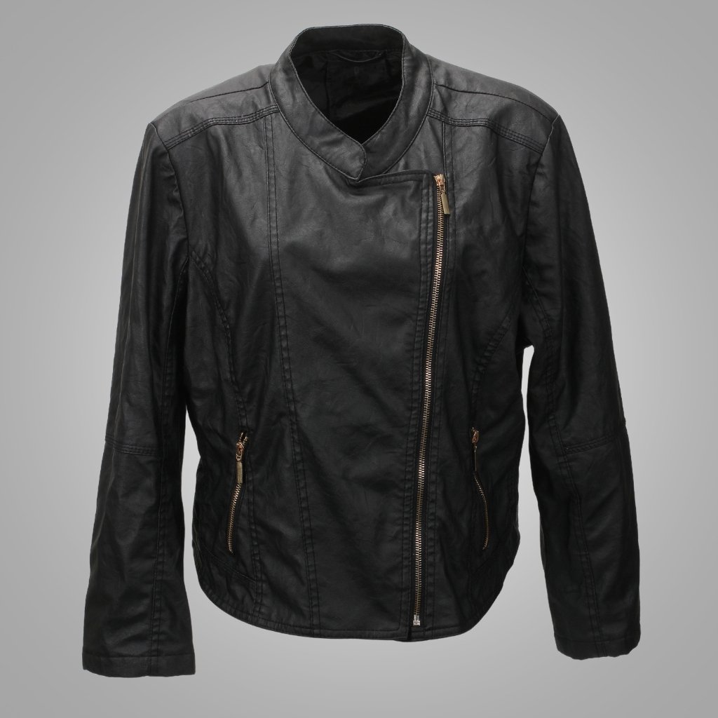 A black leather blouson jacket with an asymmetrical front zipper, standing collar, and zippered pockets.

