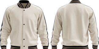 Sport Leather Jacket: Dynamic Style and Performance Comfort Sport leather varsity jacket in cream with black striped cuffs, collar, and piping.