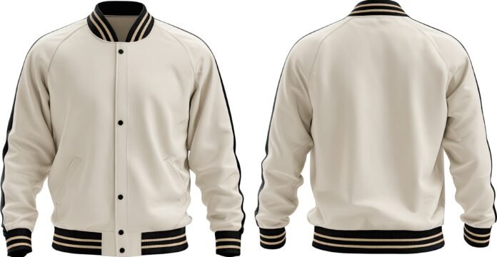 Sport leather varsity jacket in cream with black striped cuffs, collar, and piping.