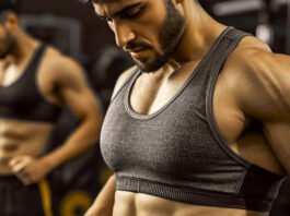 Male athlete wearing a gray performance sports bra in a gym, muscular arms and focused expression, background fellow gym-goer. Sports Bras for Men