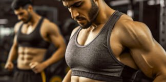Sports Bras for Men: Benefits, Fit Tips, and Buying Guide 2025 Male athlete wearing a gray performance sports bra in a gym, muscular arms and focused expression, background fellow gym-goer. Sports Bras for Men