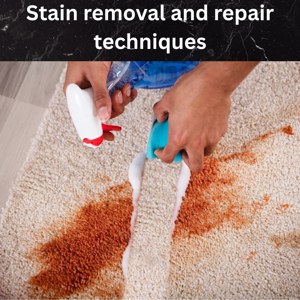 Close-up of hands spraying stain remover onto a beige carpet, with orange stain being treated using a white bottle with a red spray nozzle and a blue sponge.