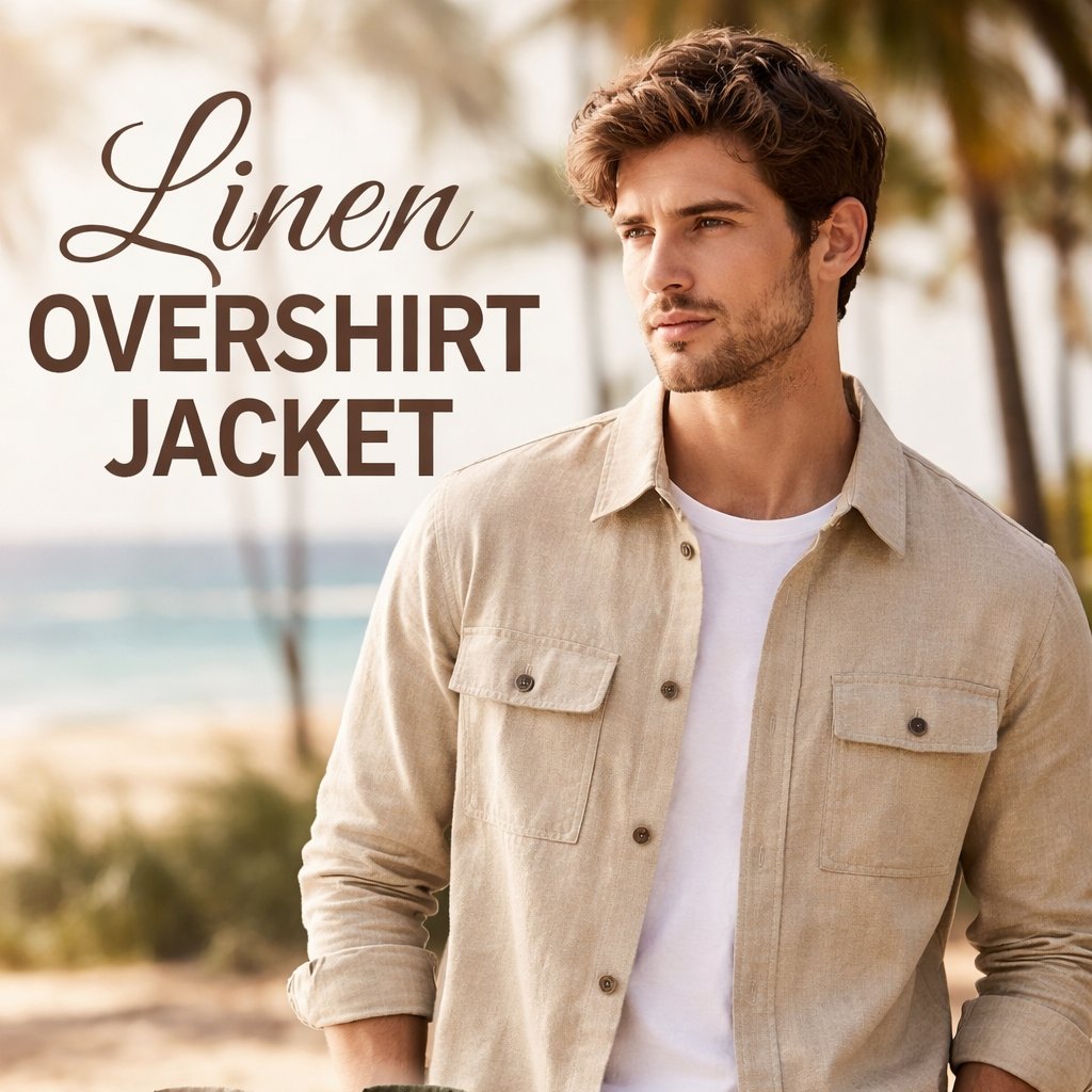 A man wearing a beige linen overshirt over a white T-shirt stands outdoors on a beach with palm trees in the background.