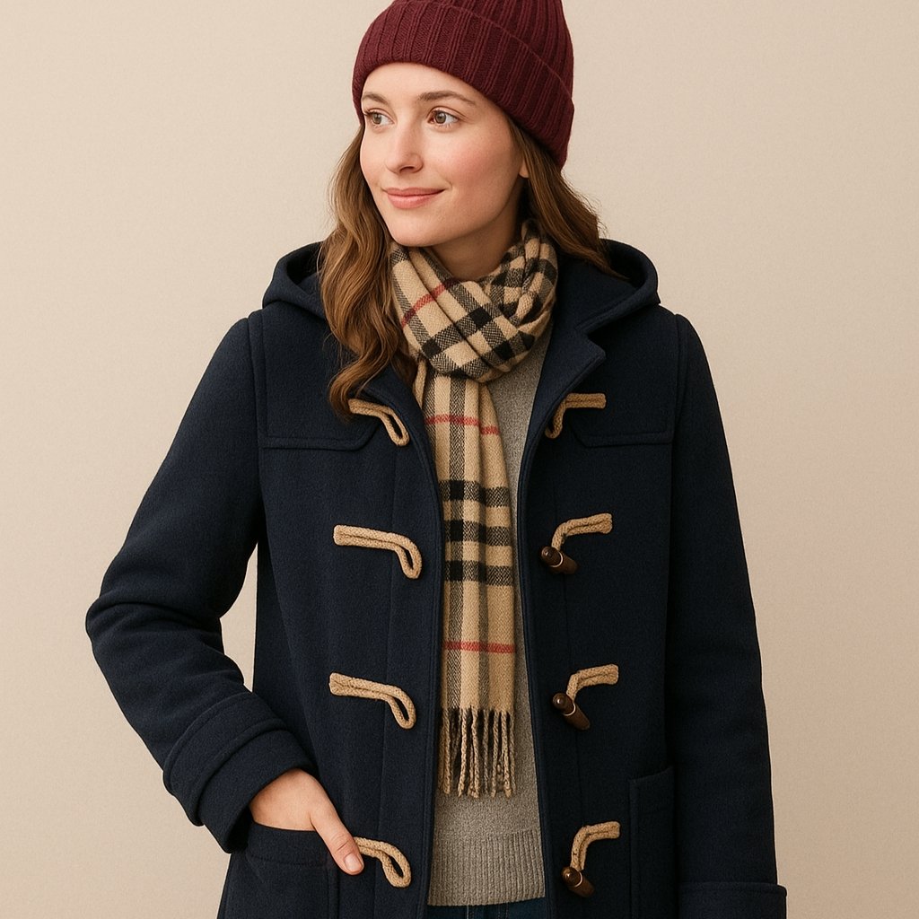A woman wearing a navy duffle coat with toggle closures, a beige plaid scarf, a burgundy beanie, and a light gray sweater, standing against a beige background.