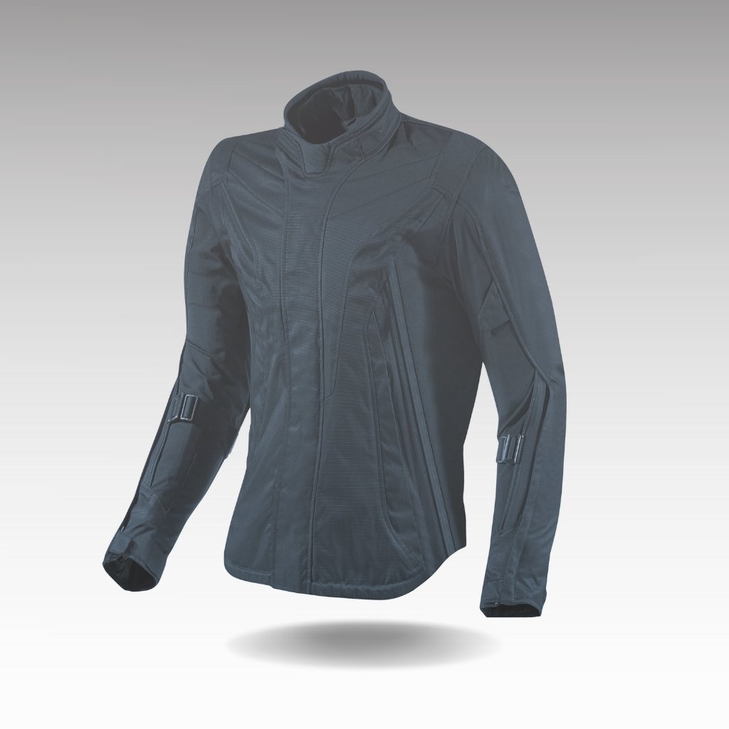 A dark, high-collared blouson leather jacket displayed against a subtle gradient background, with long sleeves and zip details.Leather Blouson Jacket for Men