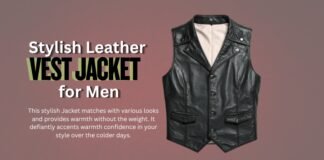 Stylish Leather Vest Jacket for Men: Fashion & Comfort Black leather men’s vest jacket with a beige inner lining, front pockets, and snap buttons, displayed against a muted brown background.