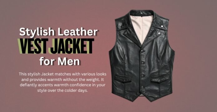 Black leather men’s vest jacket with a beige inner lining, front pockets, and snap buttons, displayed against a muted brown background.