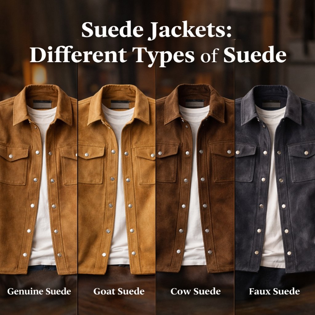 Four jackets labeled Genuine Suede, Goat Suede, Cow Suede, and Faux Suede, displayed side by side.