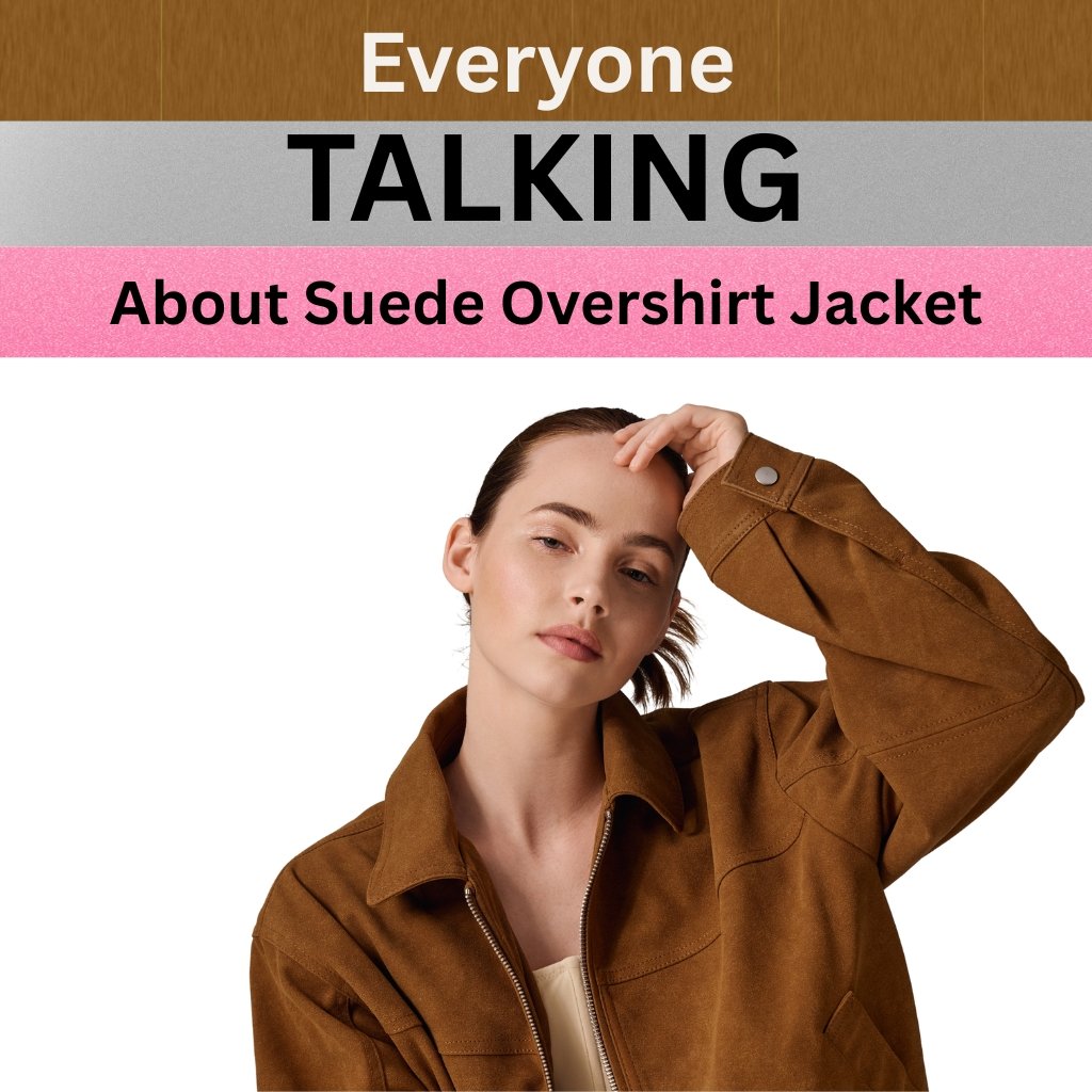 A woman wearing a brown suede overshirt jacket, posing with her hand resting on her head against a white background.
