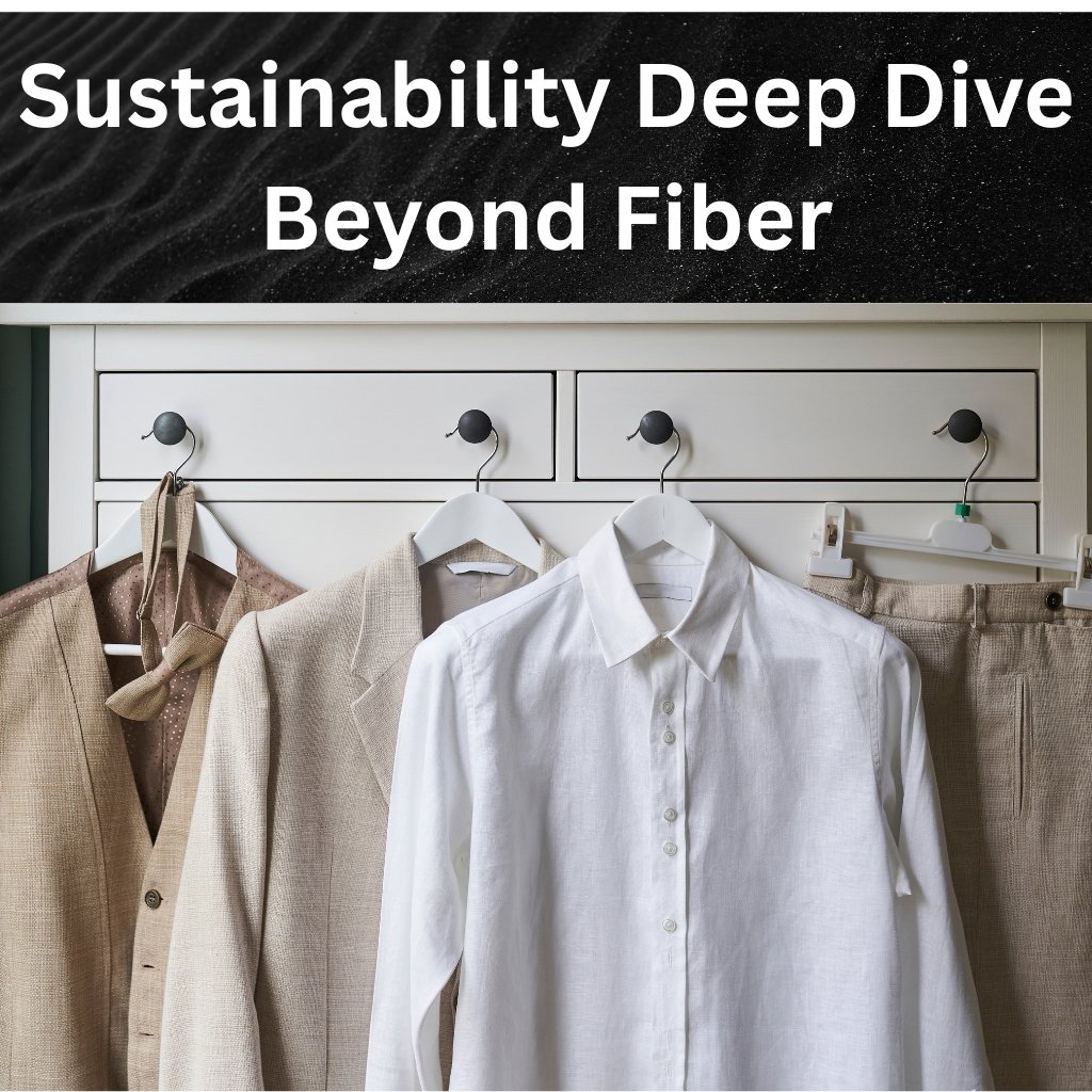 A row of neatly pressed clothing on hangers in a wardrobe, with a white dress shirt in the center and beige jackets on either side; a dark, textured header above reads “Sustainability Deep Dive Beyond Fiber.”