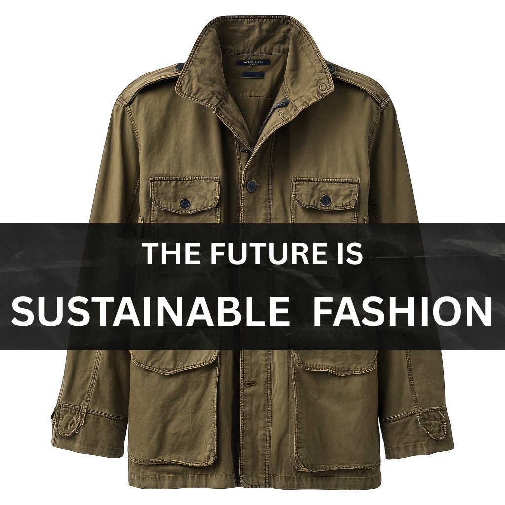 Olive-green utility jacket with multiple pockets and button accents, displayed on a white background with a black translucent banner reading 'THE FUTURE IS SUSTAINABLE FASHION'.