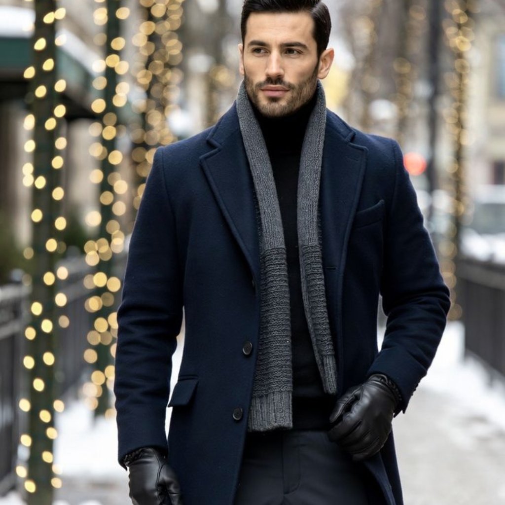 A man wearing a navy wool overcoat, black turtleneck, gray scarf, black gloves, and dark trousers walking outdoors in a city street decorated with string lights.