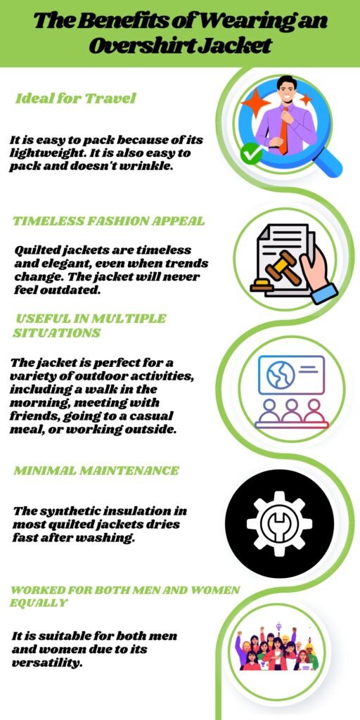 Banner: The Benefits of Wearing an Overshirt Jacket. A vertical infographic with five sections illustrated by circular icons: travel/guide, a document with a gavel, a group of people, a gear, and a diverse team. Each section includes a green title in uppercase and a brief descriptive paragraph.