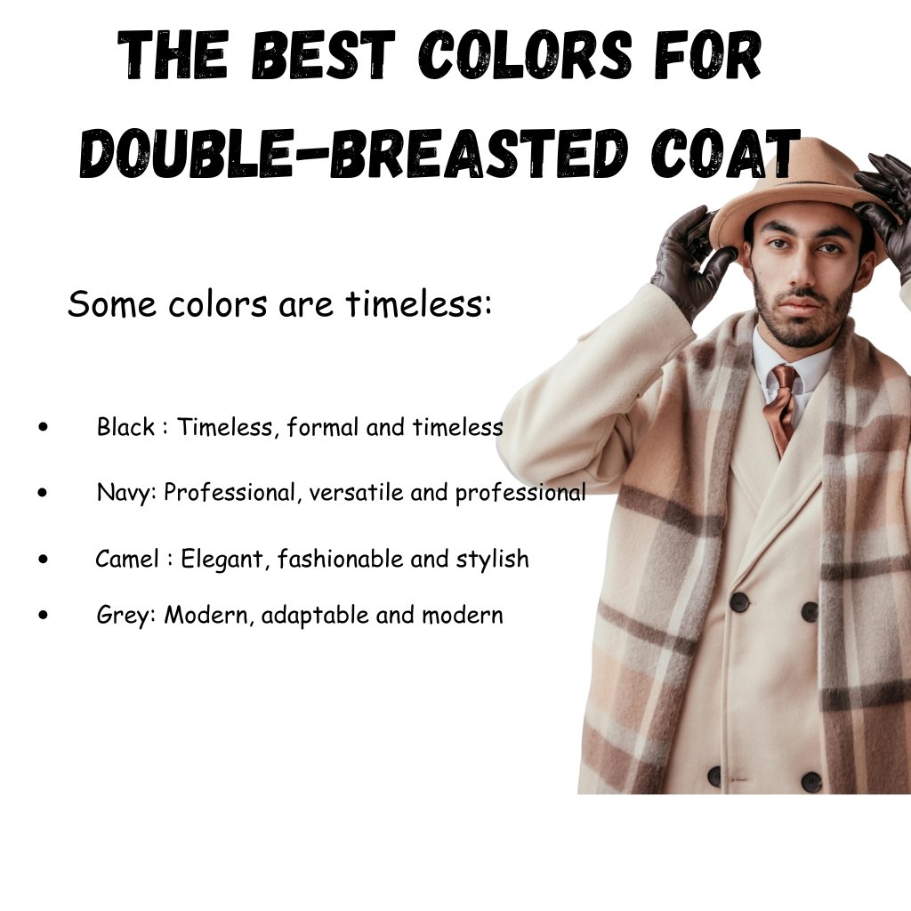 Slide titled 'The Best Colors for Double-Breasted Coat' featuring a stylish man in a beige coat with a plaid scarf on the right. Left side lists timeless colors: Black, Navy, Camel, and Grey with descriptive adjectives.