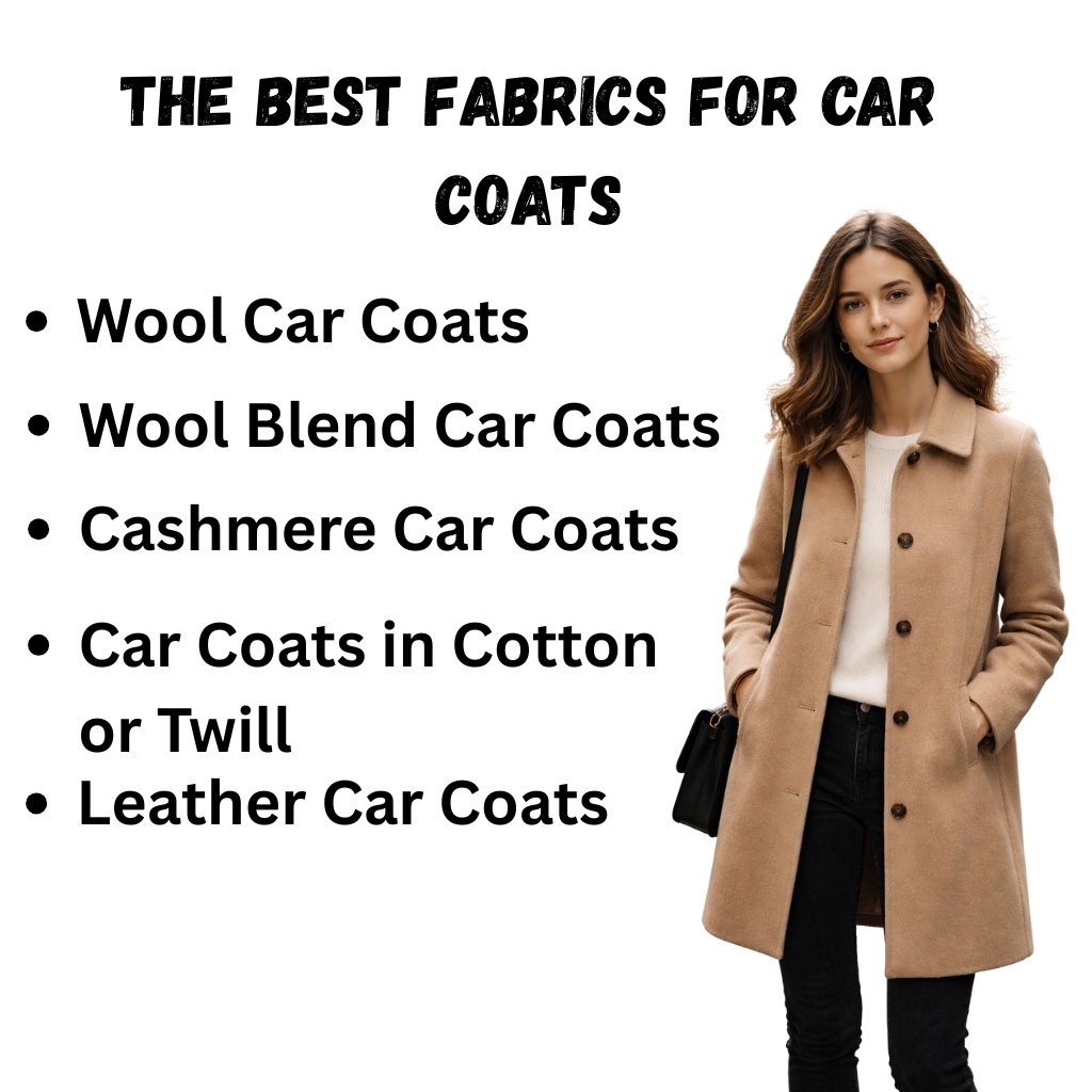 An infographic-style image with a woman in a camel coat on the right and a bullet list of car coat fabrics on the left: Wool Car Coats, Wool Blend Car Coats, Cashmere Car Coats, Car Coats in Cotton or Twill, Leather Car Coats, with a bold title at the top.