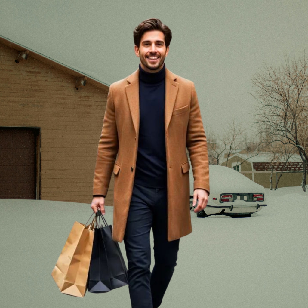 Chesterfield Overcoat Guide Classic Style with Modern Appeal 12 A stylish man walking outdoors in a snowy scene, wearing a camel overcoat over a dark turtleneck and black trousers, carrying multiple shopping bags.