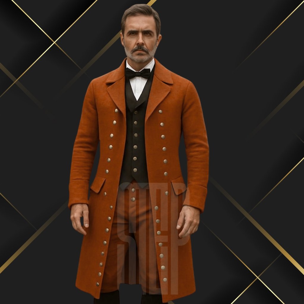 A man stands facing the camera in a vintage orange-brown long coat with double rows of buttons, a dark waistcoat, white shirt, and bow tie; geometric dark background with gold diagonal lines.
