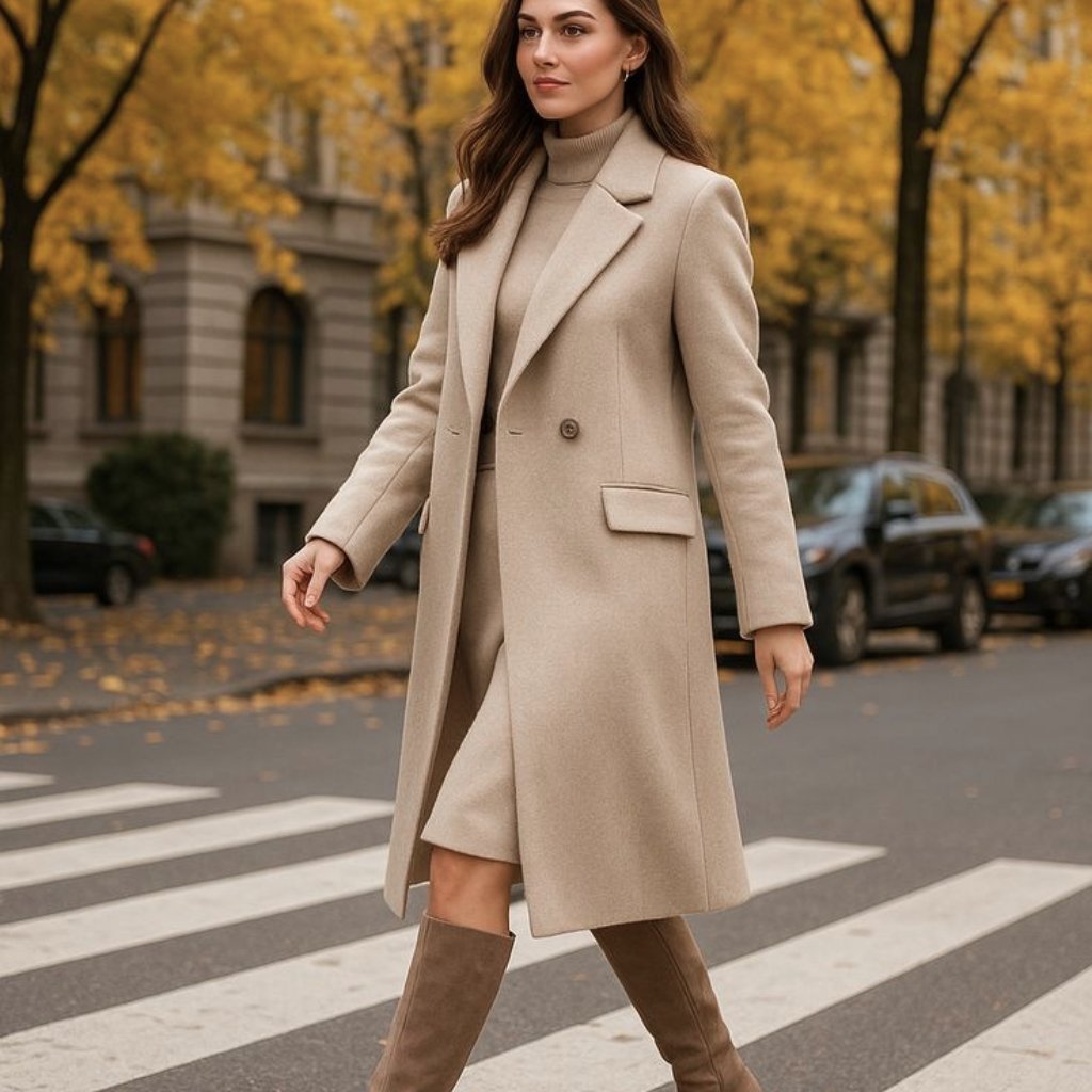 A stylish woman walking across a crosswalk on a city street in autumn, wearing a long beige coat, matching turtleneck dress, and knee-high taupe boots, with golden fall leaves in the background.