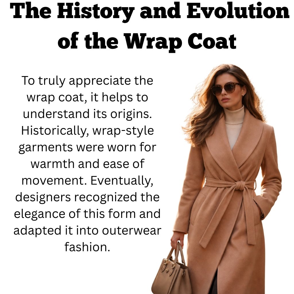 Woman wearing a tan wrap coat with a belt, holding a tan handbag, next to a bold title 'The History and Evolution of the Wrap Coat' and a paragraph about wrap coats.