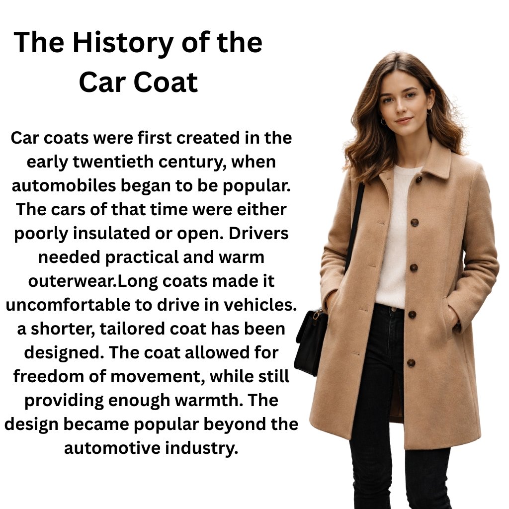 A woman wearing a tan coat standing against a white background with large block text on the left that reads ‘The History of the Car Coat’ and a paragraph explaining the coat’s evolution.