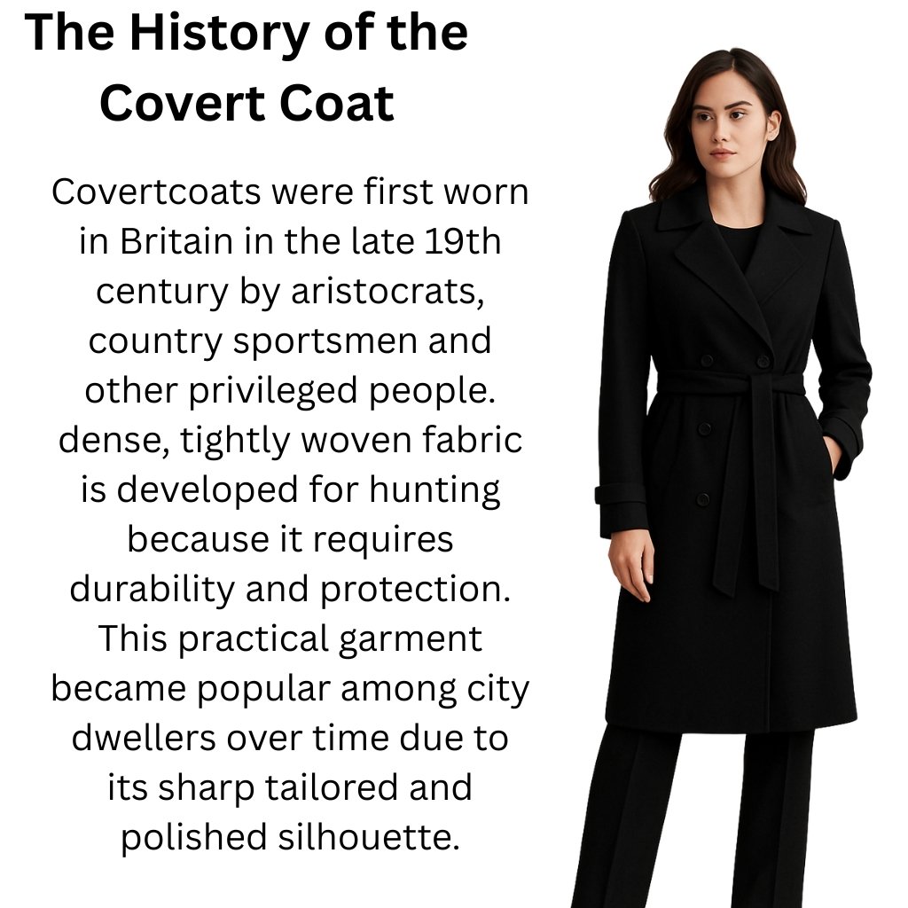 A woman wearing a black coat standing to the right of a text panel about the history of the coat.