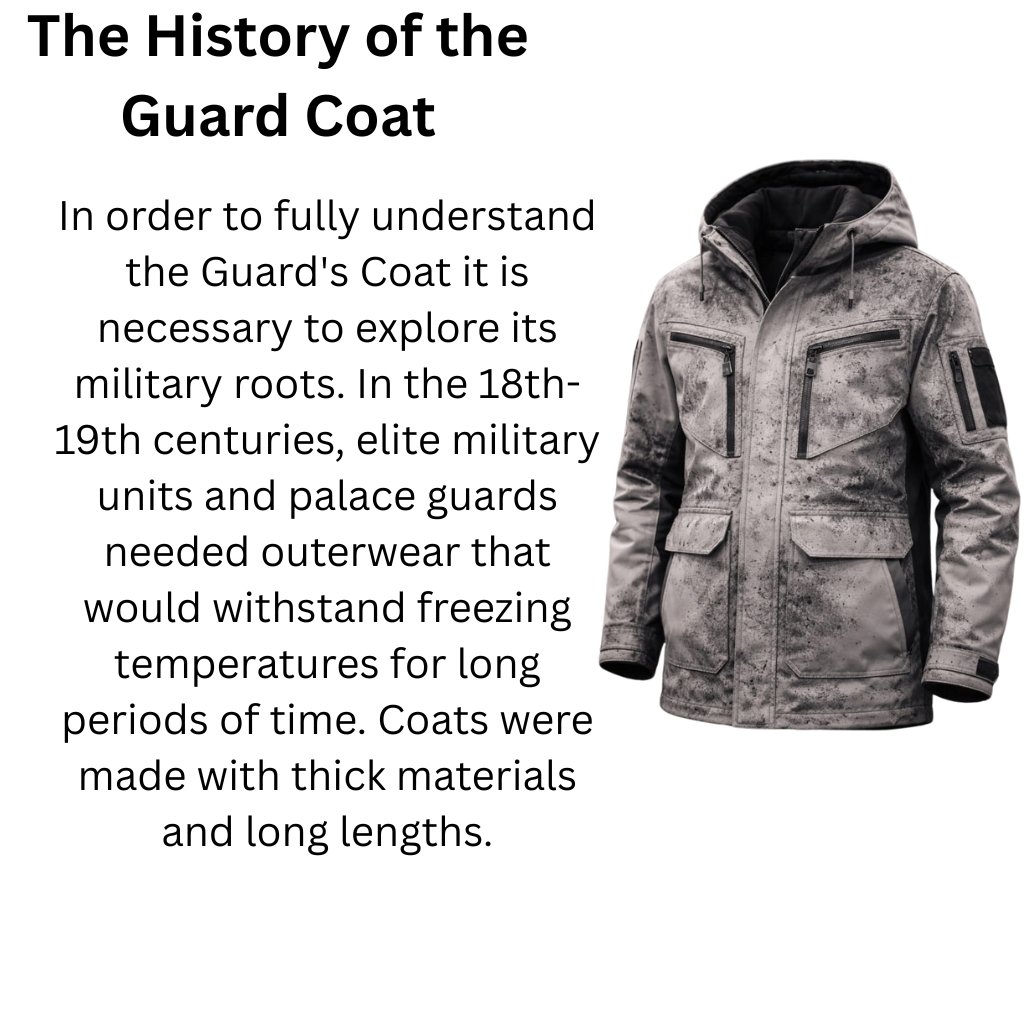 A gray camouflage guard’s coat with multiple pockets and a hood, shown on a white background.