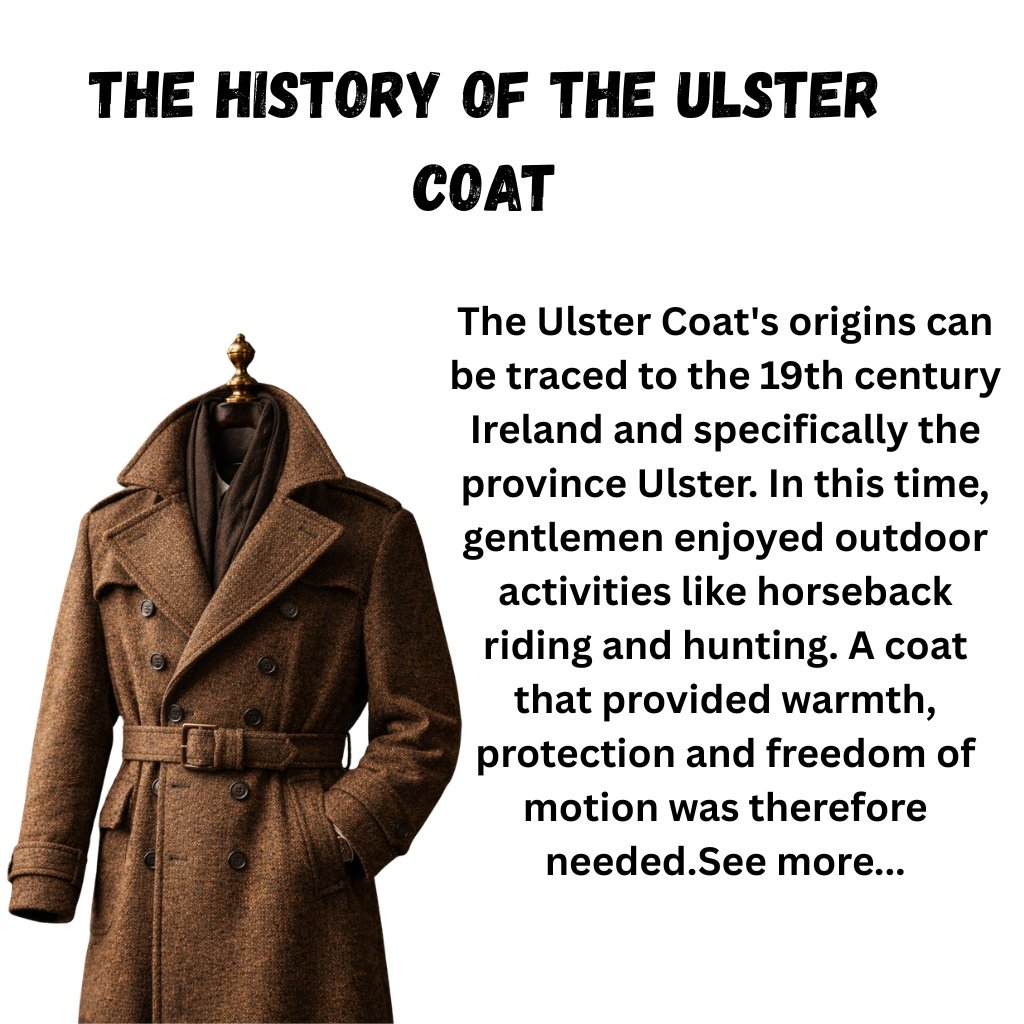 A brown wool overcoat on a mannequin against a white background with bold title text above.