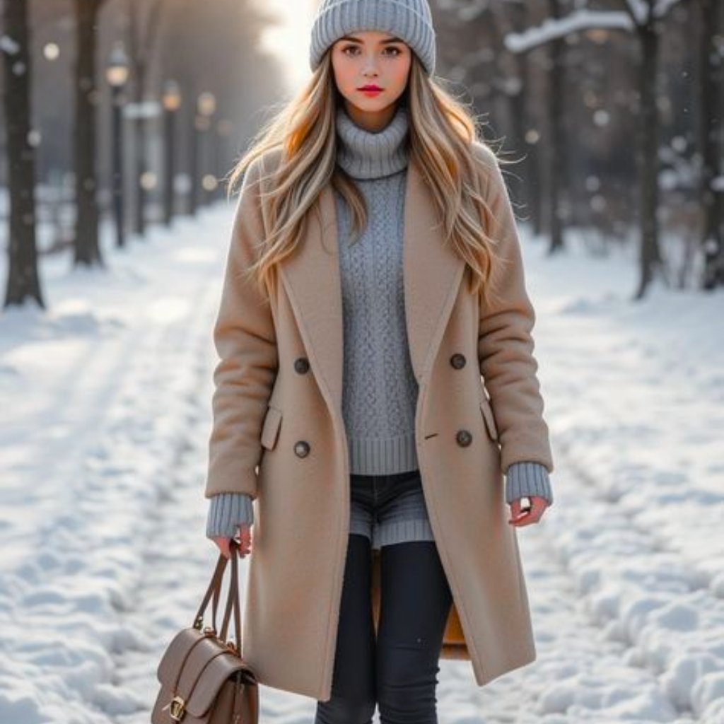 A young woman walking in a snowy park, wearing a light beige double-breasted coat, a gray knit turtleneck sweater, gray beanie, and black leggings, holding a beige handbag.