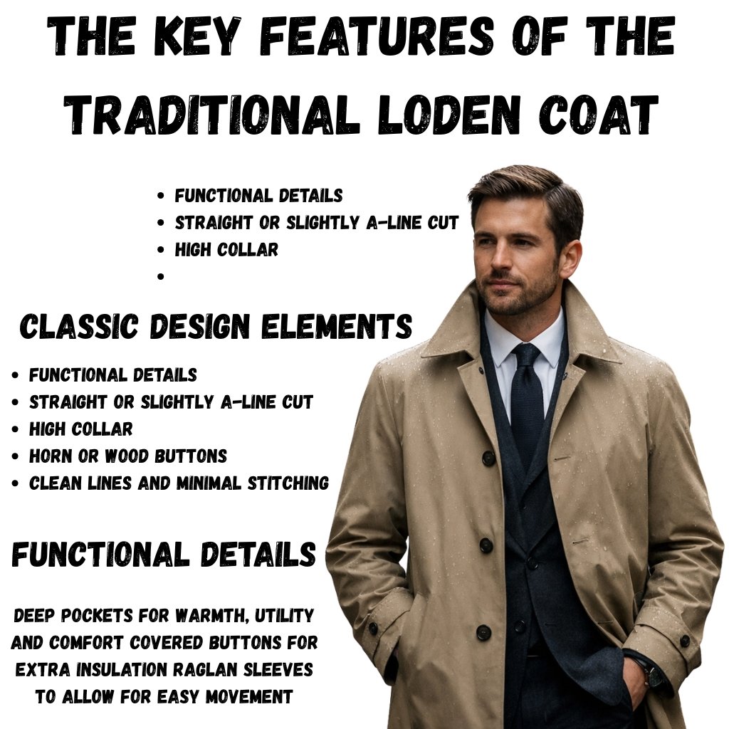 Infographic about the key features of the traditional Loden coat and classic design elements. A man wearing a tan trench coat is on the right; bold, black, blocky text lists features such as functional details, straight or slightly A-line cut, high collar, horn or wood buttons, clean lines, and minimal stitching.