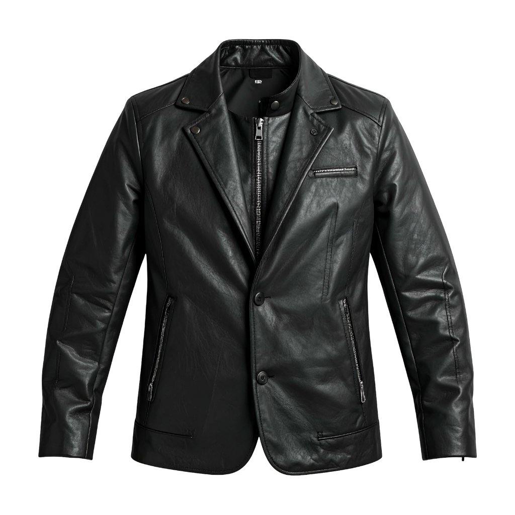 Black leather blazer jacket with a notched collar, front zip and button closures, zippered pockets, and a small chest pocket.