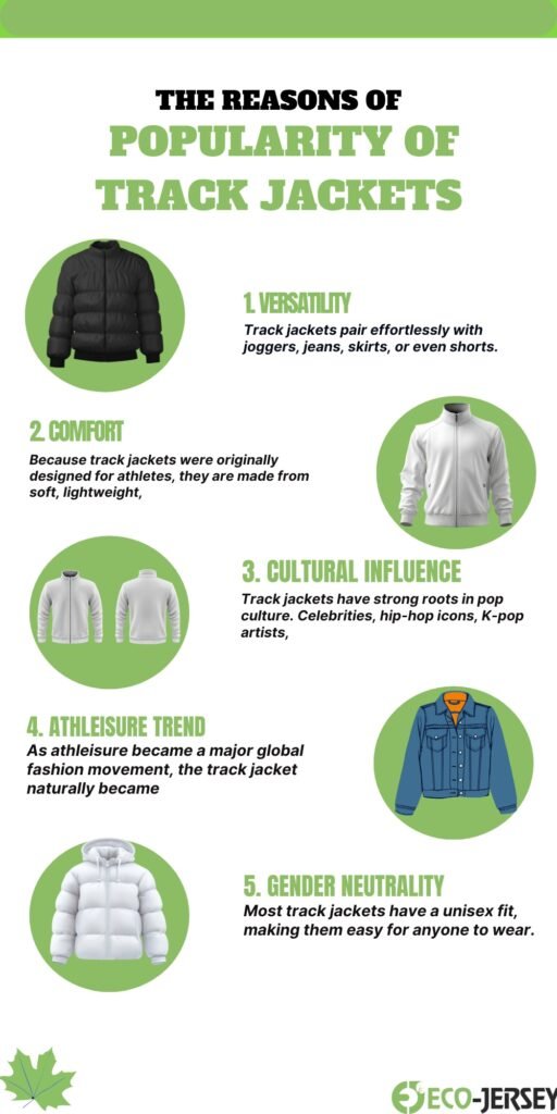 What Is Track Jacket A Complete Guide to This Sporty Classic 10 Infographic titled 'The Reasons of Popularity of Track Jackets' with five illustrated jackets and numbered sections: 1 Versatility, 2 Comfort, 3 Cultural Influence, 4 Athleisure Trend, 5 Gender Neutrality. Each section includes a short description and green circular illustrations.
