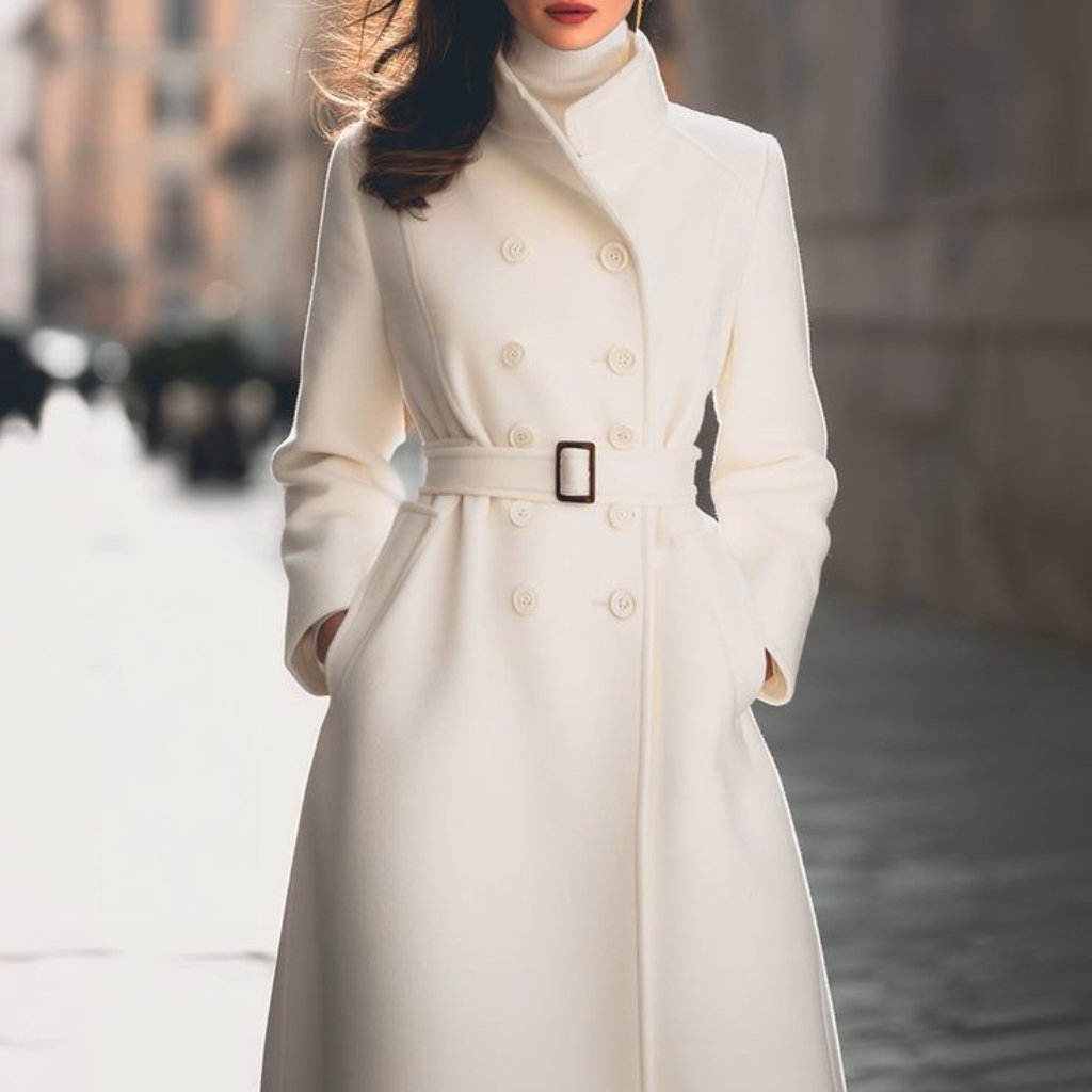 Elegant Topcoat Timeless Statement of Style & Sophistication 8 A person wearing a long white double-breasted coat with a high collar and a belt, hands in pockets, standing outdoors.