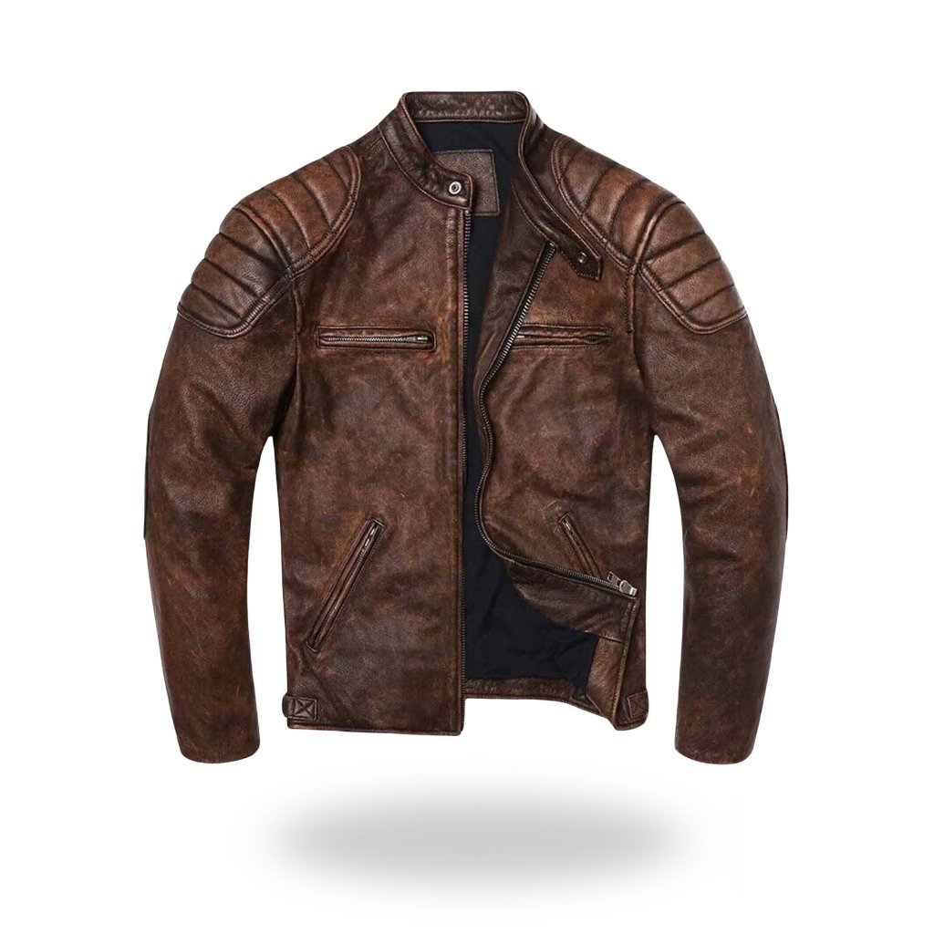 Brown distressed leather workwear field jacket with quilted shoulder panels, zip front, and multiple zippered pockets.