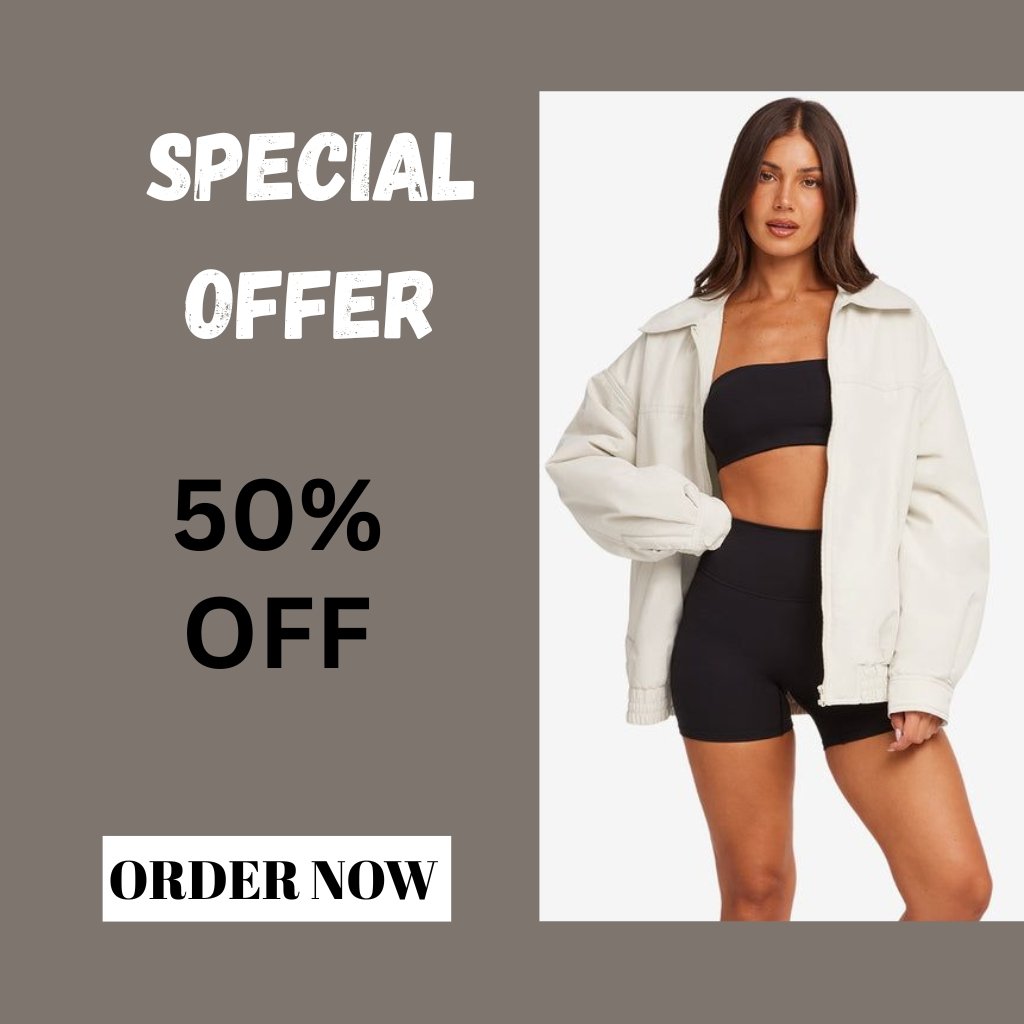 Advertisement graphic showing a model wearing a black sports bra and white oversized jacket on the right; left side features the text ‘SPECIAL OFFER’ in white and ‘50% OFF’ in black on a taupe background, with a white 'ORDER NOW' button at the bottom.