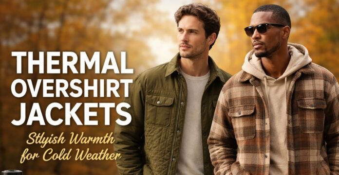 Two men wearing thermal overshirt jackets in fall colors, standing outdoors with a blurred autumn background.