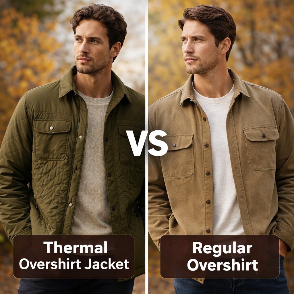 A split-image showing two men wearing jackets outdoors in autumn. Left side features a man in an olive green quilted thermal overshirt jacket with a light gray sweater. Right side features a man in a tan regular overshirt jacket with a white t-shirt. A bold "VS" runs between them, and captions at the bottom read "Thermal Overshirt Jacket" on the left and "Regular Overshirt" on the right.