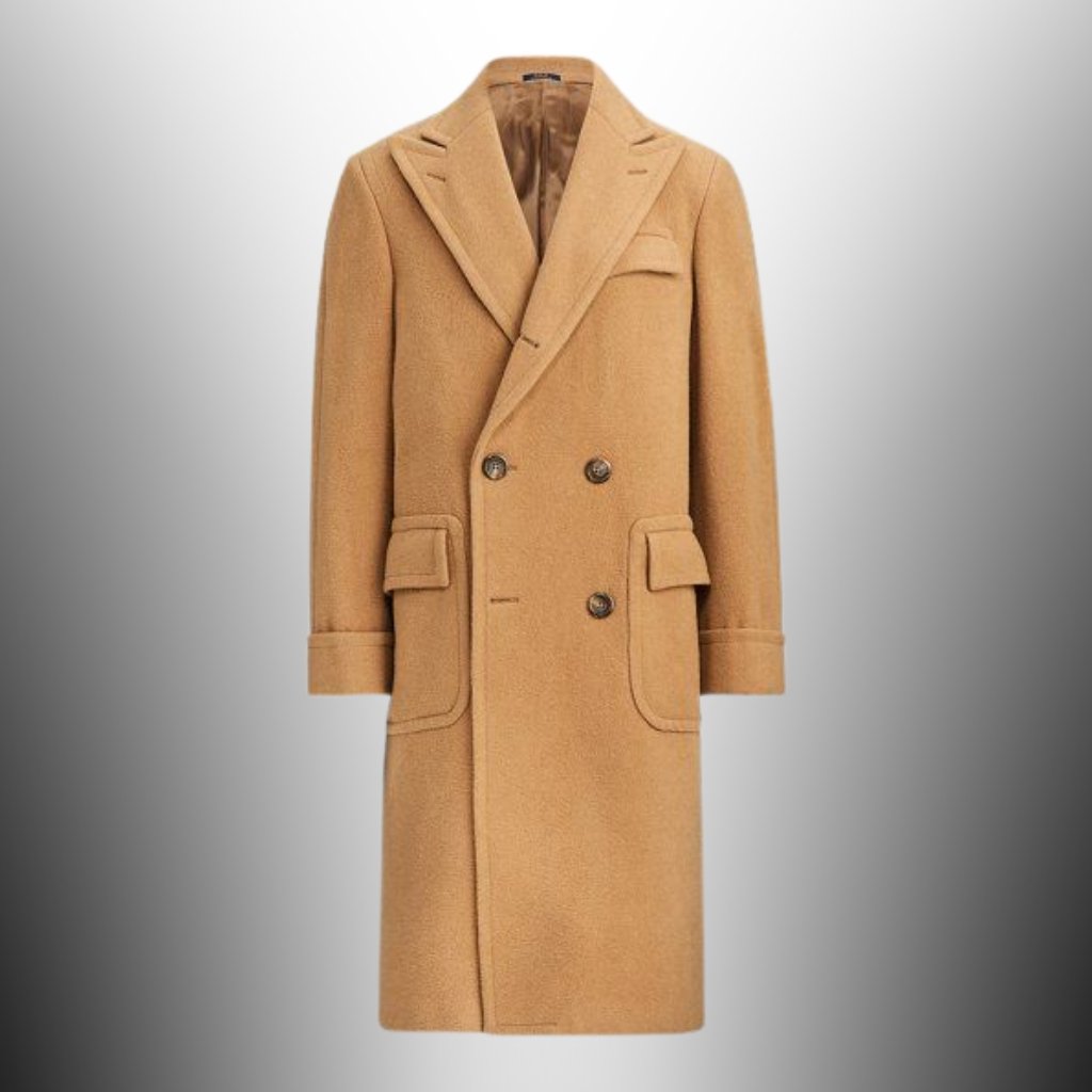  A knee-length camel wool coat with a double-breasted front, wide notched lapels, two front flap pockets, a breast pocket, and strap details at the cuffs, displayed against a neutral gradient background.