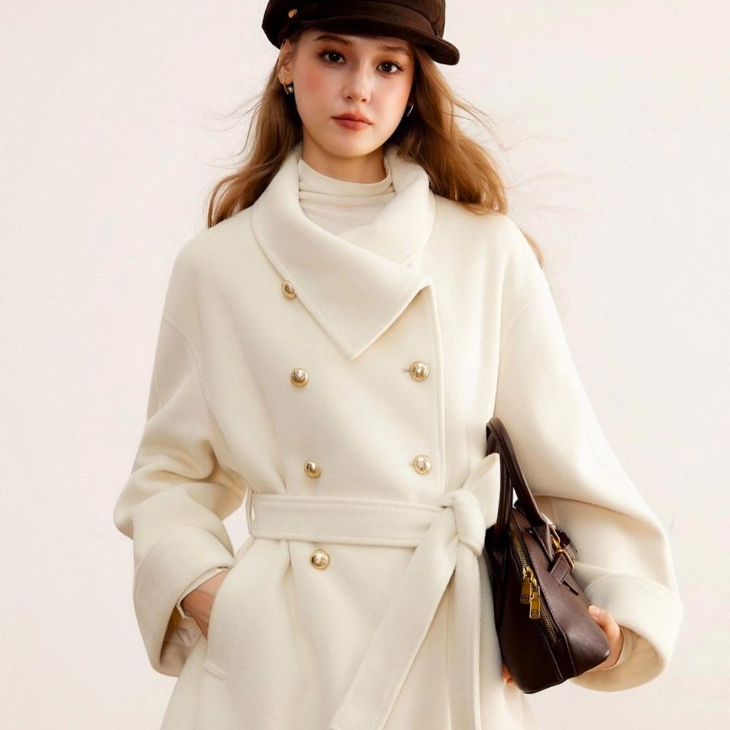 Elegant Topcoat Timeless Statement of Style & Sophistication 11 A stylish woman wearing an off-white double-breasted coat with gold buttons and a belt, paired with a dark brown handbag and a brown cap. She stands against a light background.