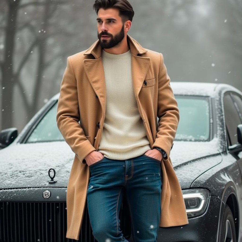 A stylish man stands in winter attire, wearing a camel overcoat over a light knit sweater, paired with blue jeans, in front of a snowy black car.