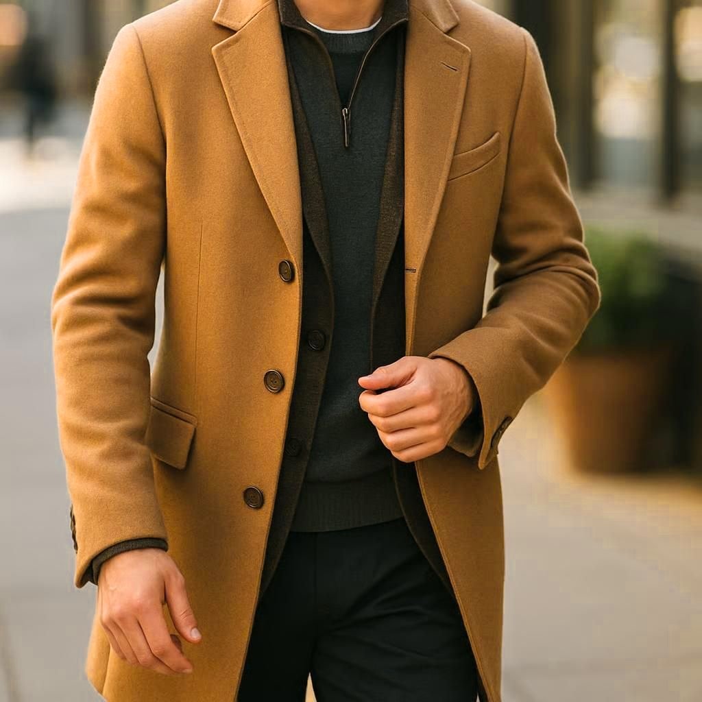 A man wearing a camel overcoat over a dark sweater, walking outdoors on a city sidewalk.