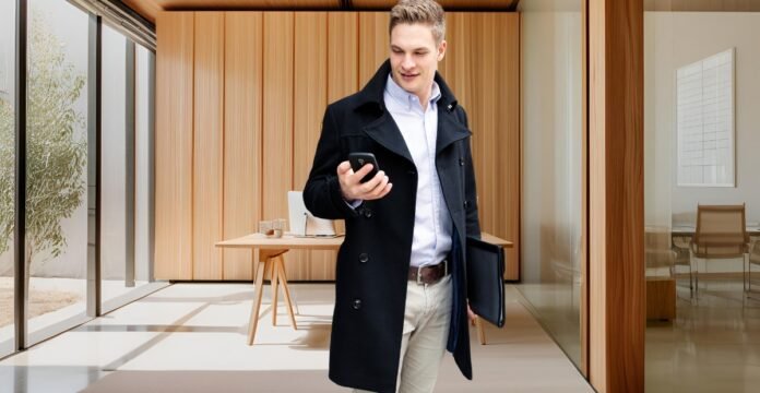 A man wearing a dark overcoat, light shirt, and beige trousers stands in a modern, sunlit office lobby, looking at his smartphone while holding a dark tablet case under his arm. Topcoat Jackets for Men