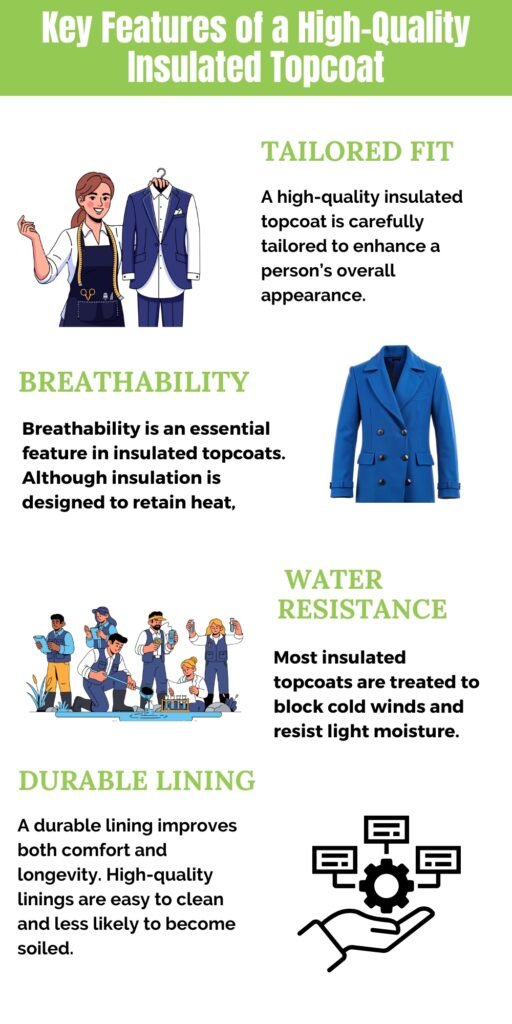Infographic titled 'Key Features of a High-Quality Insulated Topcoat' showing five features: Tailored Fit with a drawing of a person and a blazer; Breathability with a blue coat image; Water Resistance with an illustration of a group and a coat; Durable Lining with icons of people and a lining graphic; and small icons related to functionality.
