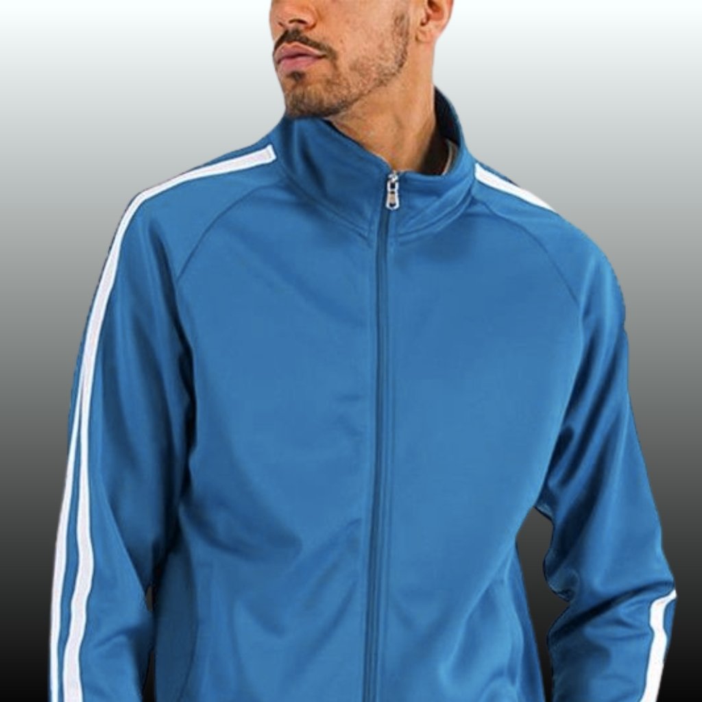 Man wearing a blue athletic jacket with a front zipper and white stripes along the sleeves, standing against a gradient background.