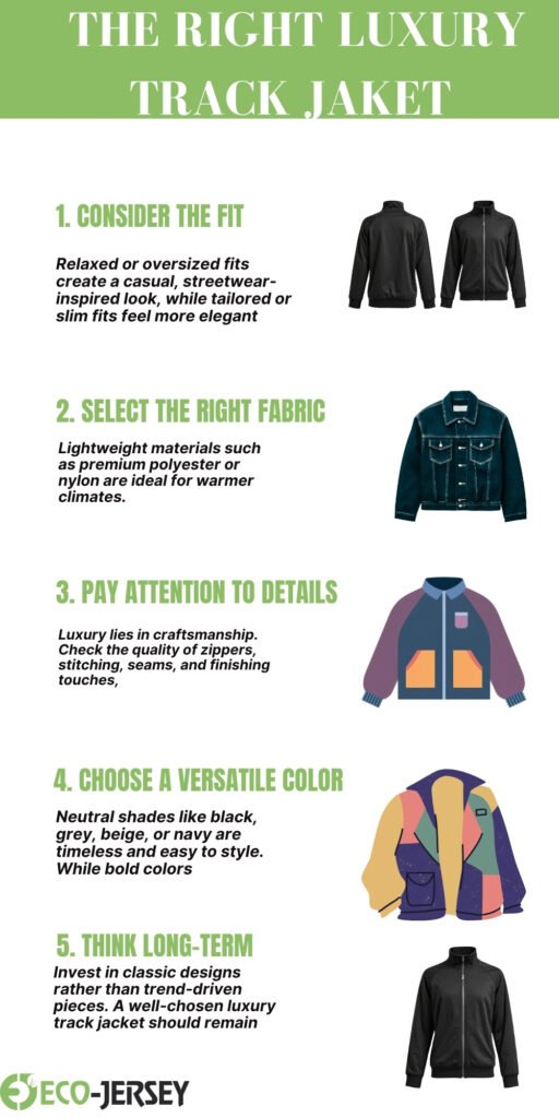 An infographic titled “The Right Luxury Track Jacket” with five illustrated jackets and tips:
“Consider the fit” with black zip-up jackets.
“Select the right fabric” with a blue denim-style jacket.
“Pay attention to details” with a color-block varsity jacket.
“Choose a versatile color” with a multicolor color-block jacket.
“Think long-term” with a black track jacket. Logo: Eco-Jersey.
