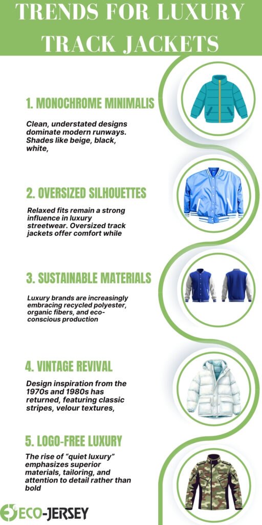 An infographic titled “Trends for Luxury Track Jackets” lists five trends with small circular product images on the right: 1) Monochrome Minimalis, 2) Oversized Silhouettes, 3) Sustainable Materials, 4) Vintage Revival, 5) Logo-Free Luxury. Each item includes a short descriptive paragraph.