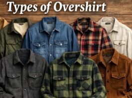 A row of eight different jackets in earth tones and plaids hanging on a wooden wall, with the text ‘Types of Overshirt’ at the top.