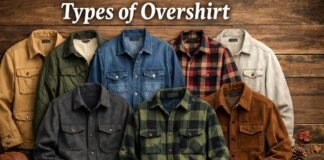 Types of Overshirt Jackets : Complete Guide for Every Style A row of eight different jackets in earth tones and plaids hanging on a wooden wall, with the text ‘Types of Overshirt’ at the top.